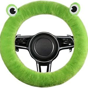 Green Fuzzy Frog Car Steering Wheel Cover, Cute Style Fluffy Genuine Wool Sheep